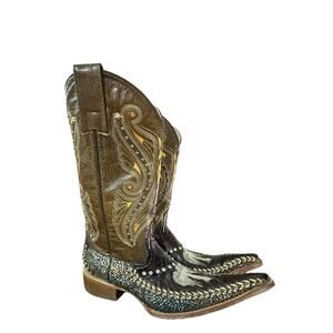 Jar Boots Embroidered Cross Inlay Leather Rhinestone Made Mexico Sz 8.5 Men's